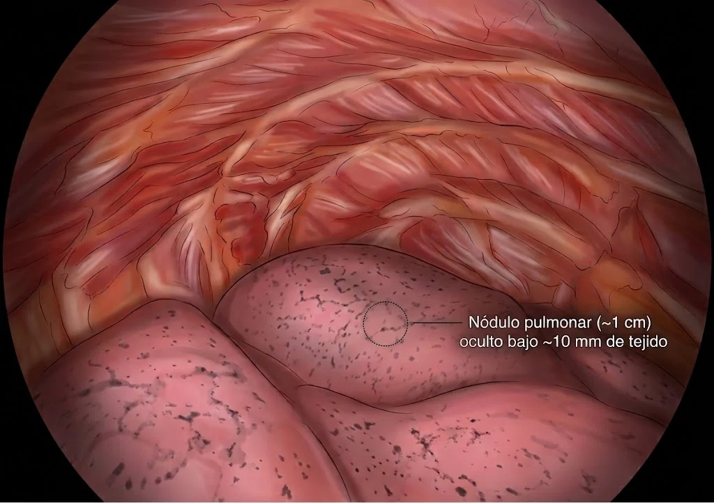 Ilustración de la visión por videotoracoscopía: el nódulo pulmonar queda oculto bajo el tejido y no se ve en la superficie del pulmón